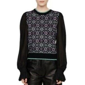 Maje Paris Maely Jacquard Knit Top Black Sheer Long Sleeve Sz 2 (US S) NWT $295